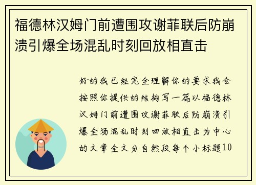 福德林汉姆门前遭围攻谢菲联后防崩溃引爆全场混乱时刻回放相直击